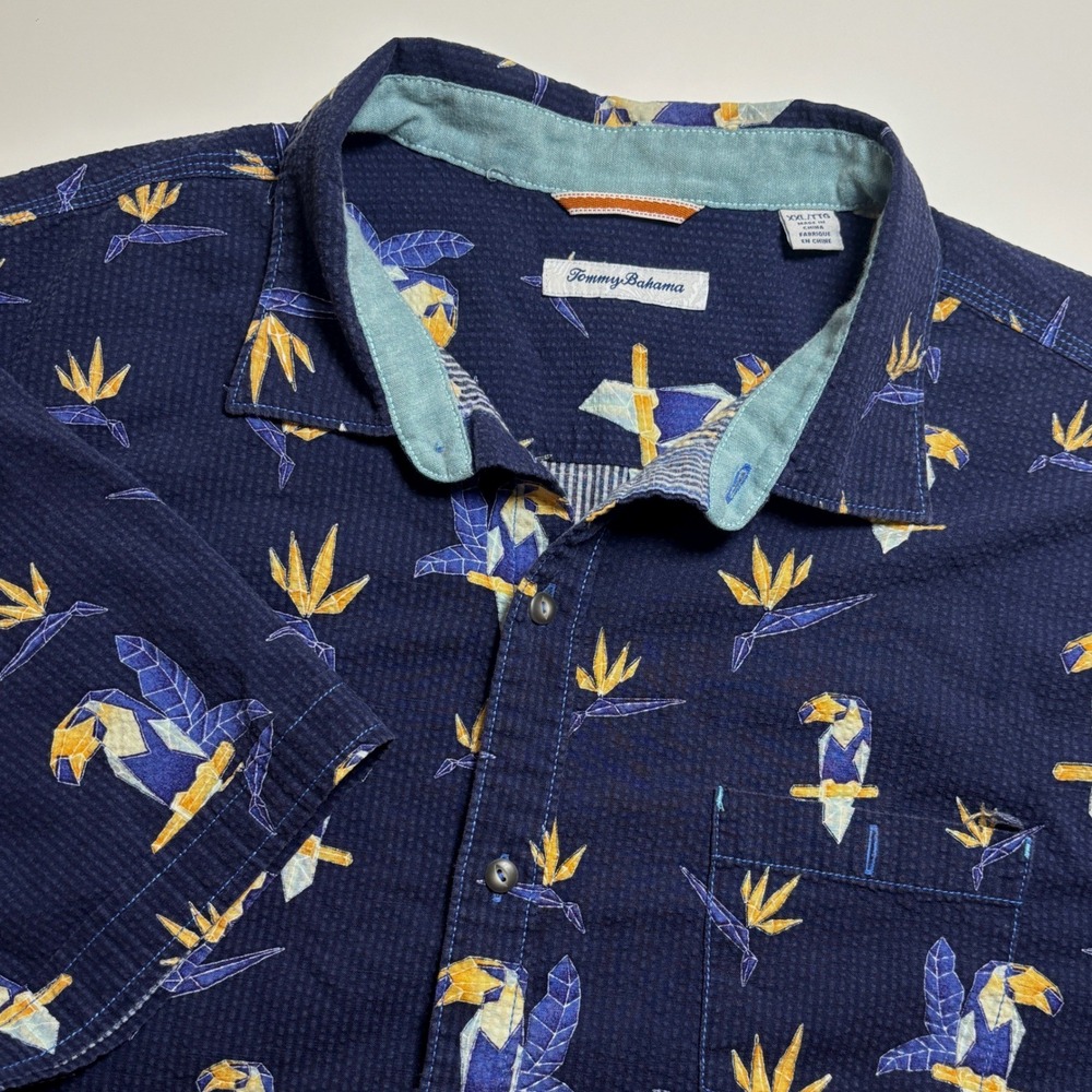 Tommy Bahama Toucan Seersucker Hawaiian Camp Shirt Mens XXL Navy Tropical Summer